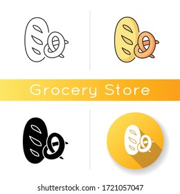 Bread and bakery icon. Fresh wheat loaf. Pretzel with crust. Bun for eating. Pastry products. Baked snacks. Supermarket category. Linear black and RGB color styles. Isolated vector illustrations