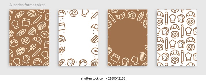 Bread and bakery icon pattern background for graphic design.A-size vertical vector template set.