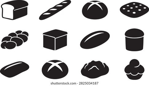 Bread and bakery icon set with black food silhouettes for menus packaging and culinary design