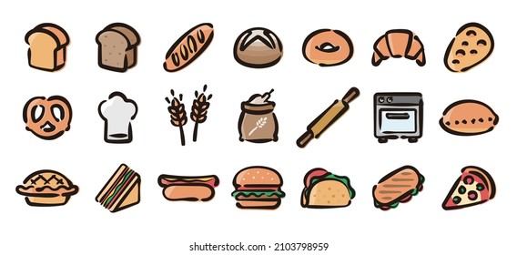 Bread and bakery icon set for graphic (Hand draw color version)