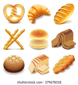 Bread and bakery icons detailed photo realistic vector set