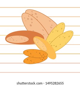 Bread, bakery icons, sliced fresh wheat bread. Vector background.