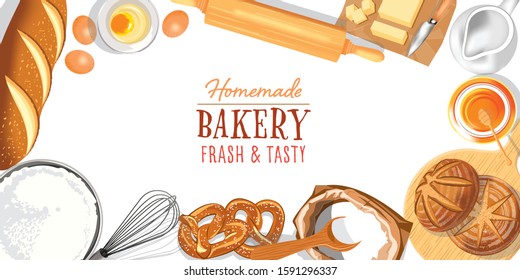 bread and bakery ingredients on white background, bakery shop