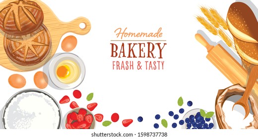 bread and bakery ingredients on white background, bakery shop