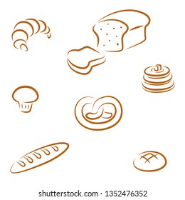bread bakery line art set, artoon vector illustration.