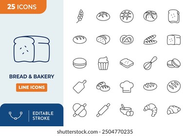 bread and bakery Line Editable Icons set.