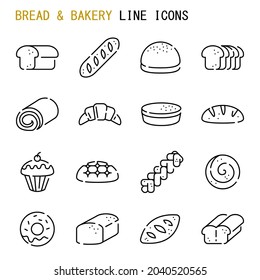 Bread and bakery line icons,  Set of simple bread and bakery sign line icons, Cute cartoon line icons set, Vector illustration, Bread and bakery products related line icons 