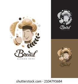 Bread Bakery Logo With Chef and Hat Bread Symbol Illustration Brown Color This logo is very suitable for your bakery business, your brand of bread, can be implemented in print media, brochures, poster