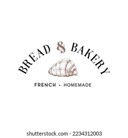 Bread and Bakery logo with croissant illustration in vector, Bakehouse typographic poster, pastry vintage emblem, label 