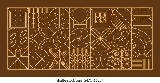 Bread and bakery modern geometric pattern. Abstract vector brown background with outline toast, bun, pretzel and loaf, cereal or wheat ears, sun, windmill and chef toque inside of square mosaic blocks