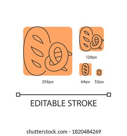 Bread and bakery orange linear icons set. Fresh wheat loaf. Pretzel with crust. Bun for eating. Thin line customizable 256, 128, 64 and 32 px vector illustrations. Contour symbols. Editable stroke