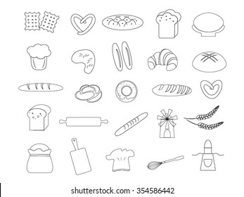 Bread and bakery outlined icons.Collection of Bread, Donut, Cracker,Croissant, Baguette,Bun, Apron, chef hat,cutting board, rolling pin, linear cookware. Linear bread isolated. Line bread icons.