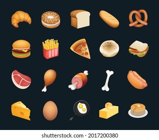 Bread and Bakery product emoji vector illustration set. Food flat pictograms package, Sweets symbols collection, fast food vector sketches, logo illustrations, meals icon set.