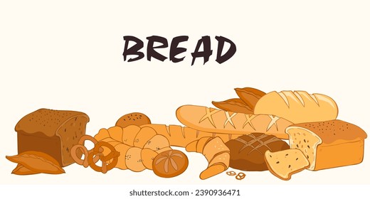 Bread and bakery production banner, hand drawn vector illustration isolated on white background. Banner for bakery and bread packs.