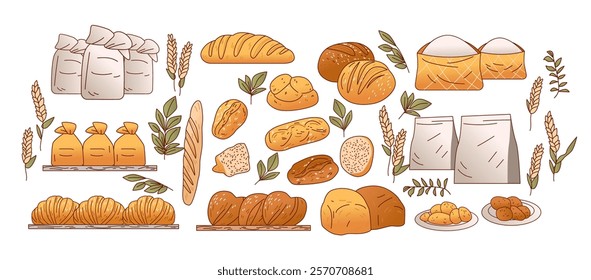 Bread and bakery products assortment with wheat leaves and flour bags. Various breads croissants buns and pastries in warm tones. Ideal for food-themed designs