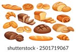 Bread and bakery products cartoon set. Whole loaf and cut into slices for toast, bagel and bun roll, French baguette and croissant, wheat and rye bread. Cartoon pastry collection vector illustration