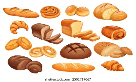 Bread and bakery products cartoon set. Whole loaf and cut into slices for toast, bagel and bun roll, French baguette and croissant, wheat and rye bread. Cartoon pastry collection vector illustration