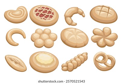 Bread and bakery products cartoon set. Whole loaf croissant bun bagel cheese cake pretzel pie isolated vector illustration