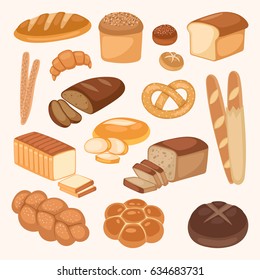 Bread bakery products color vector illustration organic agriculture meal fresh pastry. Confectionery products: loaf, ears