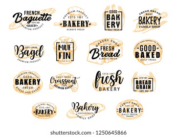 Bread and bakery products for dessert icons with lettering. Bagel and muffin, croissant and baguette silhouettes with signs for pastry food shop. Food of dough and flour badges vector isolated