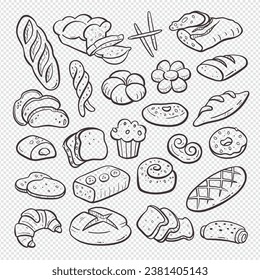 Bread and bakery products isolated on white background. Hand-drawn doodle illustration. Bakery good set. Vector illustration. Set 1 of 2.