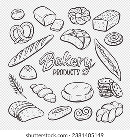 Bread and bakery products isolated on white background. Hand-drawn doodle illustration. Bakery good set. Vector illustration. Set 1 of 2.