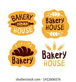 Logos et icônes de pains et produits de boulangerie avec lettrage. Bagel, croissant et silhouettes de baguette avec enseignes pour pâtisserie. Nourriture de pâte et badges à farine image vectorielle isolée