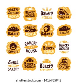 Bread and bakery products logos and icons with lettering. Bagel and croissant and baguette silhouettes with signs for pastry food shop. Food of dough and flour badges vector isolated set