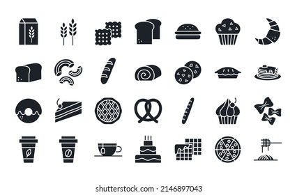 Bread, bakery products, pastry and confectionery icon set. Isolated vector silhouettes