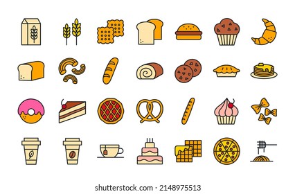 Bread, bakery products, pastry and confectionery icon set. Isolated line color icons
