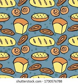 Bread and bakery products seamless pattern. Hand drawn color isolated vector illustration. Vector 10 EPS.