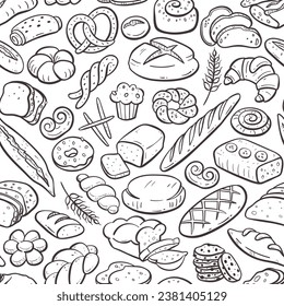 Bread and bakery products seamless pattern. Hand-drawn doodle illustration. Isolated baked good set. Repeat pattern. Vector illustration.