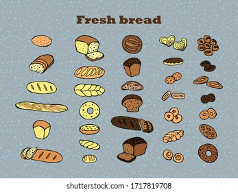Bread and bakery products set. Hand drawn color isolated vector illustration. Vector 10 EPS.