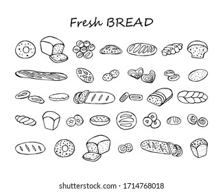 Bread and bakery products set. Monochrome isolated vector illustration is hand drawn. Vector 10 EPS.