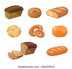 Bread bakery products vector cartoon icons. Food bakery bread icon and pastry bakery breakfast illustration