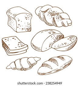 Bread, bakery products, vector illustration in sketch style, hand-drawn design elements.