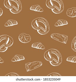 Bread and bakery seamless pattern in engraving style.Pretzels,buns,croissants,french loaves,bitten off baguette.Menu decoration,farmers market.Bundle of Pastry retro monochrome ink sketches.Vector.