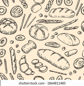 Bread bakery seamless pattern. Engrawing texture of Food. Wheat products. Sketch repeat print. 
