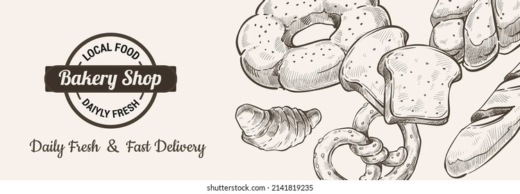 Bread bakery shop banner with sketches and label. Horizontal label for products and packages. Buns and freshly made baguette, pretzel and croissant. Traditional healthy recipes. Vector in flat