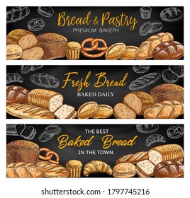 Brot- und Bäckereiladen, skizziert Vektorbanner. Roggenbrot, herausgeschnittenes Laib und Wienna Weizenbrot, Schnellbrotmuffin und Baguette, Croissant und Süßgebäck, Brezel. Bakeshop-Banner-Set