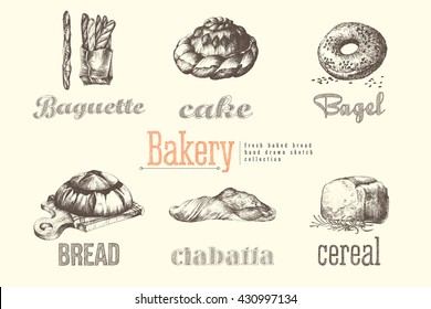 Bread for bakery shop collection. Fresh baked bread: rye, cereal bread, baguette, ciabatta, bagel. 6 sketch hand drawn vector isolated illustrations with title lettering. 