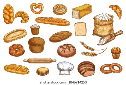 Bread, bakery sketch and pastry, baked food vector icons. Bakery bread baguette, croissant and wheat grain patisserie, rye loaf, bagel and pita, toast bun, cake or cupcake and ciabatta bread in sketch