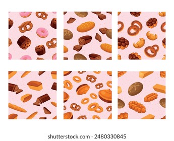 Bread bakery sweet baking delicious dessert food seamless pattern set isometric vector illustration. Pastry ornament doughnut cupcake croissant bake candy pink decorative wallpaper design template