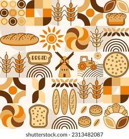 Bread, bakery theme background with icons, design elements in simple geometric style Seamless pattern with abstract shapes Good for branding, decoration of food package, cover design, decorative print