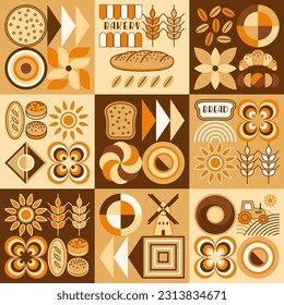 Bread, bakery theme background with icons, design elements in simple geometric style Seamless pattern with abstract shapes Good for branding, decoration of food package, cover design, decorative print