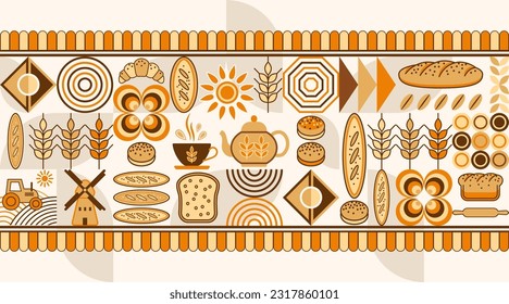 Pan, fondo con temas de panadería con iconos, elementos de diseño con un estilo geométrico simple Patrón sin costura con formas abstractas Buena imagen, paquete de comida, diseño de cubierta, impresión decorativa