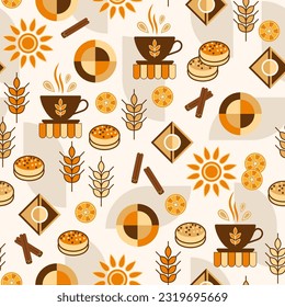 Bread, bakery themed background with icons, design elements in simple style. Seamless pattern with abstract shapes. Good for branding, decoration of food package, cover design, decorative print