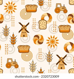 Bread, bakery themed background with icons, design elements in simple style. Seamless pattern with abstract shapes. Good for branding, decoration of food package, cover design, decorative print