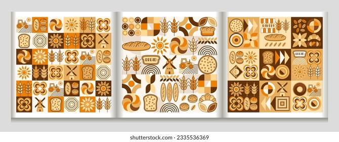 Bread, bakery themed backgrounds with icons, design elements in simple geometric style Seamless patterns with abstract shapes Good for branding, decoration of food package, decorative print