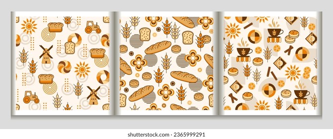 Bread, bakery themed backgrounds with icons, design elements in simple geometric style Seamless patterns with abstract shapes Good for branding, decoration of food package, decorative print